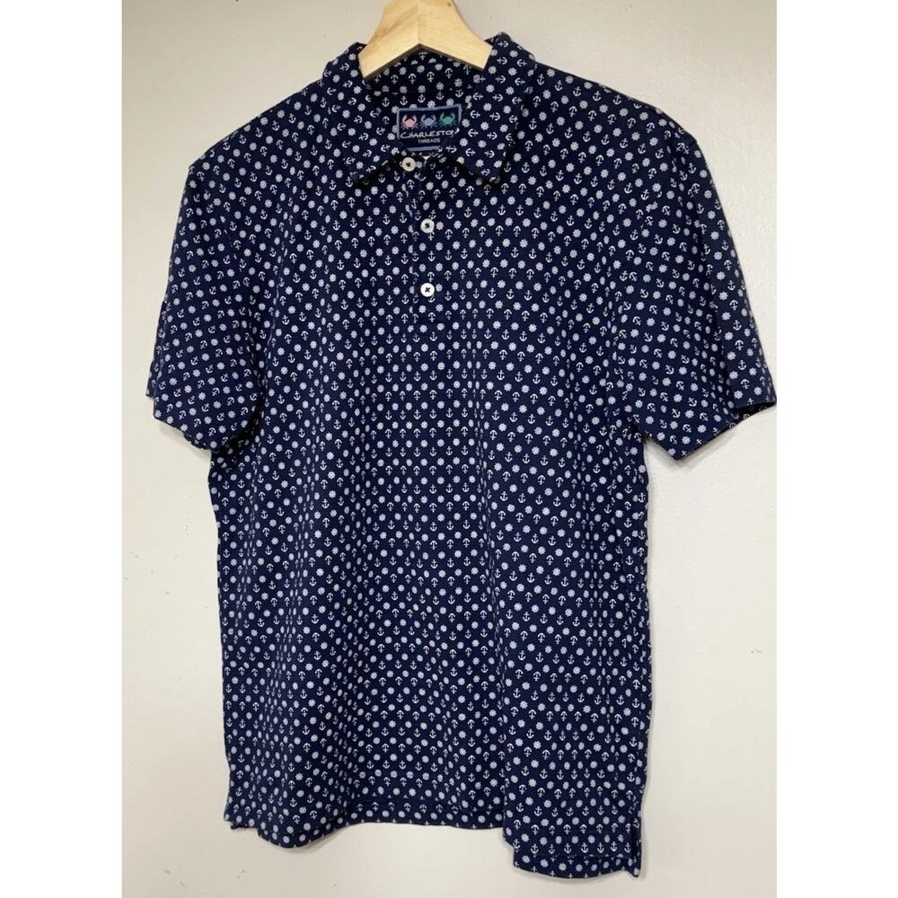 Charleston Threads Performance Polo Mens Size Medium Nautical Blue Ship Golf